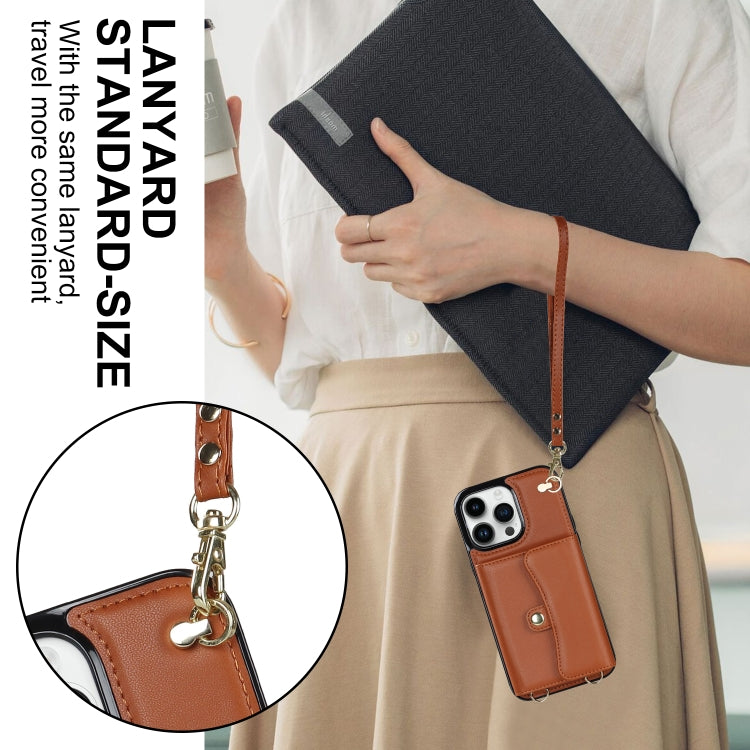 For iPhone 16 Pro Max RFID Card Slot Phone Case with Long Lanyard(Brown)
