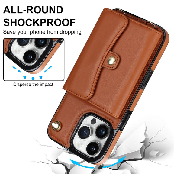 For iPhone 16 Pro Max RFID Card Slot Phone Case with Long Lanyard(Brown)