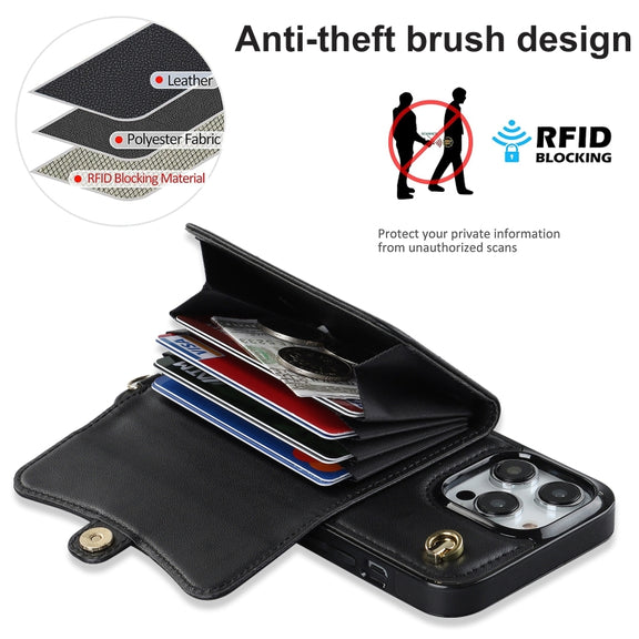 For iPhone 16 Pro RFID Card Slot Phone Case with Long Lanyard(Black)