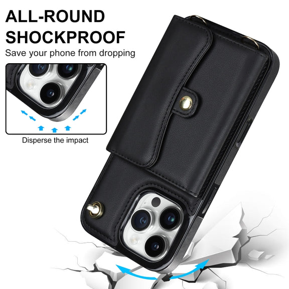 For iPhone 16 Pro RFID Card Slot Phone Case with Long Lanyard(Black)