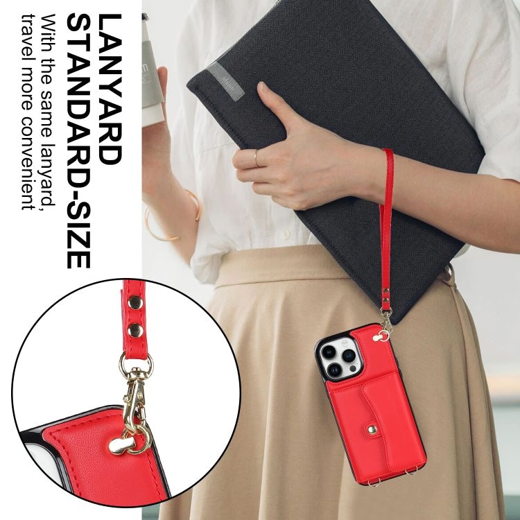 For iPhone 16 Pro RFID Card Slot Phone Case with Long Lanyard(Red)