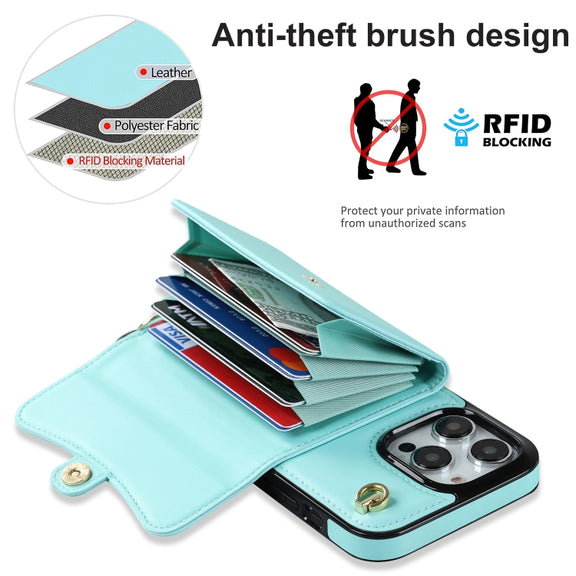 For iPhone 16 Pro RFID Card Slot Phone Case with Long Lanyard(Mint Green)