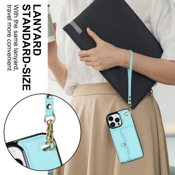 For iPhone 16 Pro RFID Card Slot Phone Case with Long Lanyard(Mint Green)