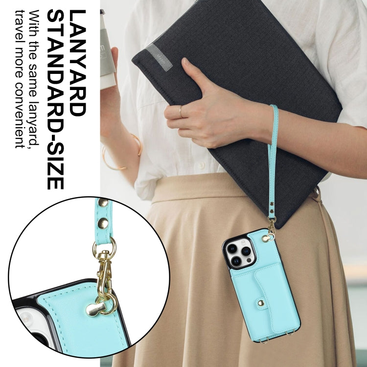 For iPhone 16 Pro RFID Card Slot Phone Case with Long Lanyard(Mint Green)