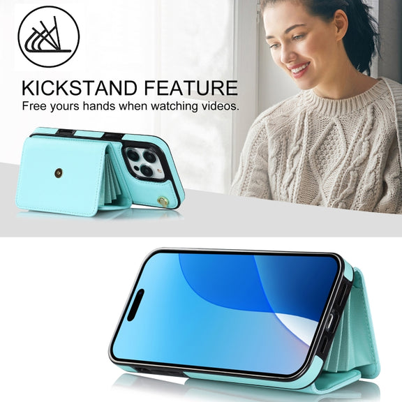 For iPhone 16 Pro RFID Card Slot Phone Case with Long Lanyard(Mint Green)