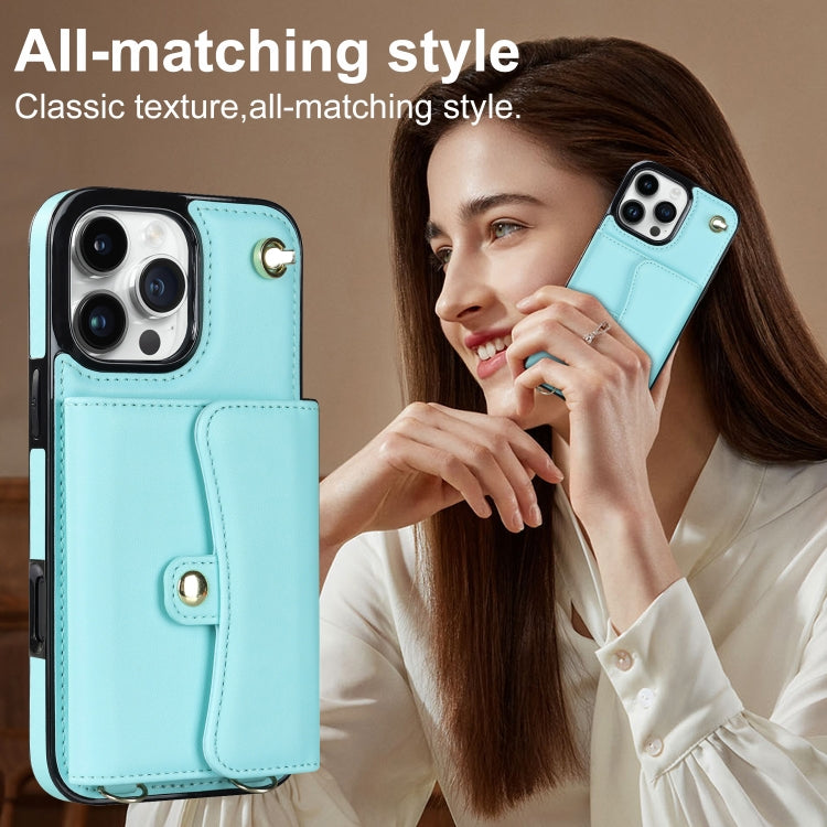 For iPhone 16 Pro RFID Card Slot Phone Case with Long Lanyard(Mint Green)