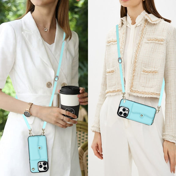 For iPhone 16 Pro RFID Card Slot Phone Case with Long Lanyard(Mint Green)
