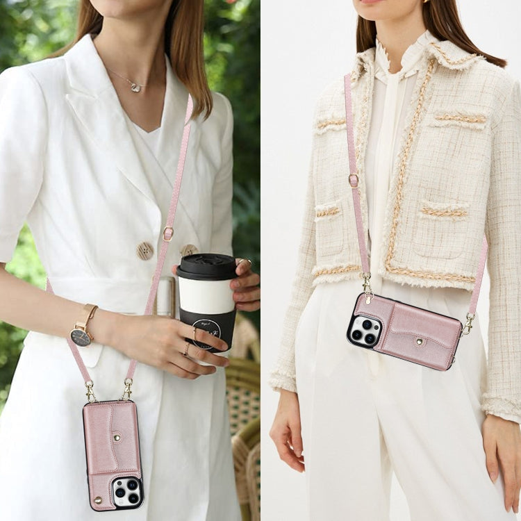 For iPhone 16 Pro RFID Card Slot Phone Case with Long Lanyard(Rose Gold)