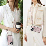 For iPhone 16 Pro RFID Card Slot Phone Case with Long Lanyard(Rose Gold)