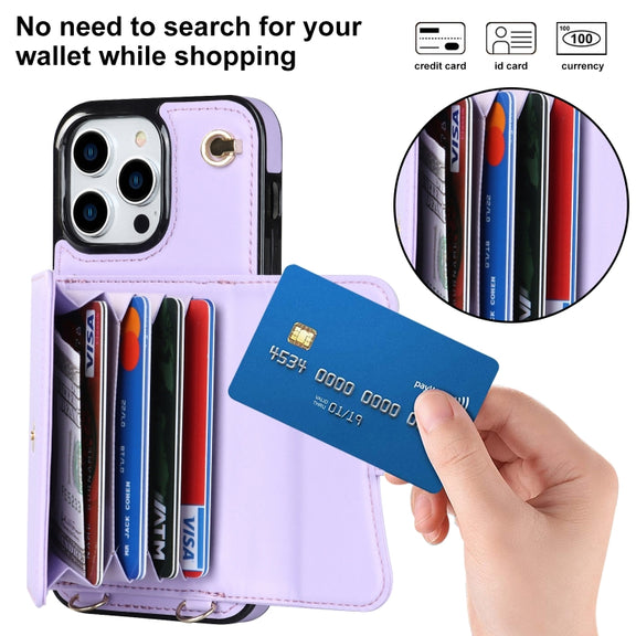 For iPhone 16 Pro RFID Card Slot Phone Case with Long Lanyard(Purple)