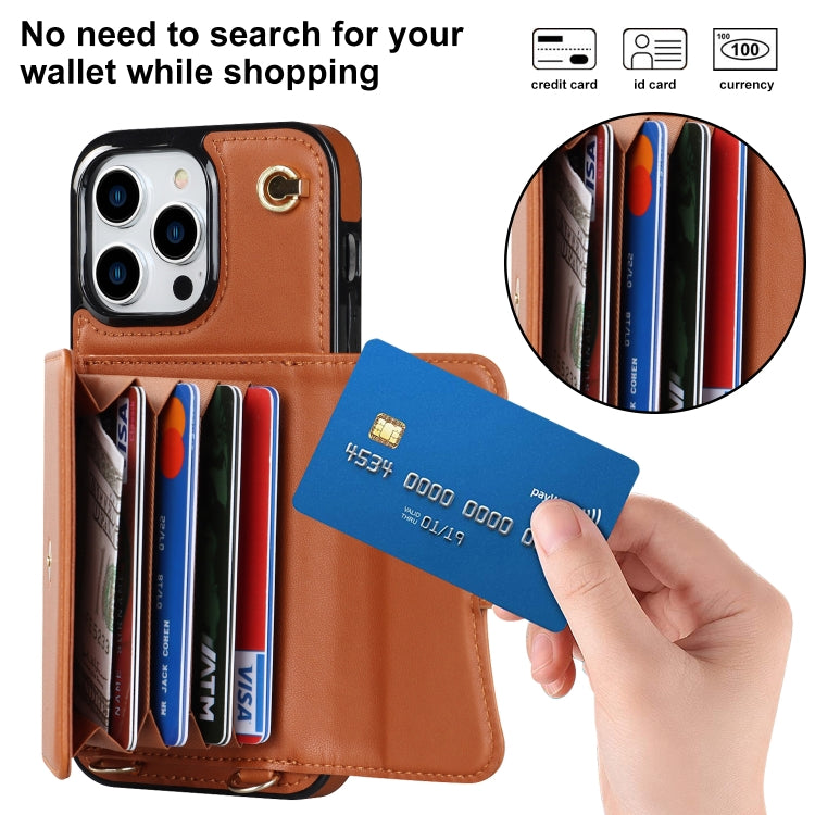 For iPhone 16 Pro RFID Card Slot Phone Case with Long Lanyard(Brown)