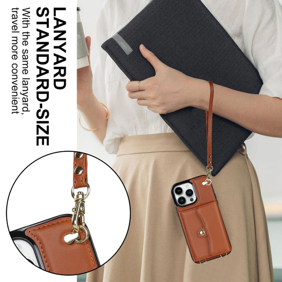 For iPhone 16 Pro RFID Card Slot Phone Case with Long Lanyard(Brown)