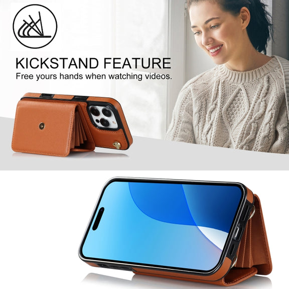 For iPhone 16 Pro RFID Card Slot Phone Case with Long Lanyard(Brown)