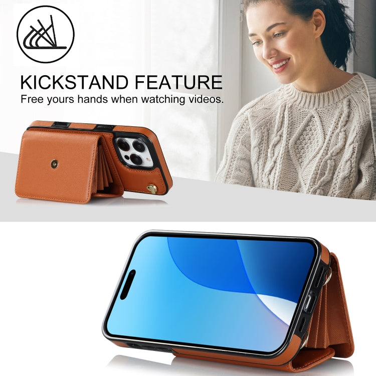 For iPhone 16 Pro RFID Card Slot Phone Case with Long Lanyard(Brown)