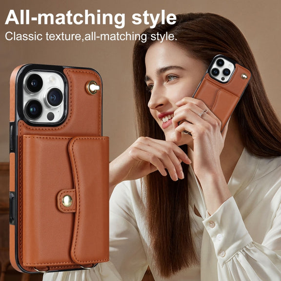 For iPhone 16 Pro RFID Card Slot Phone Case with Long Lanyard(Brown)