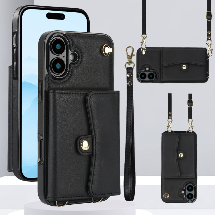 For iPhone 16 Plus RFID Card Slot Phone Case with Long Lanyard(Black)