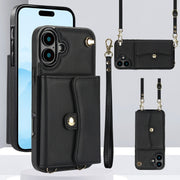 For iPhone 16 Plus RFID Card Slot Phone Case with Long Lanyard(Black)