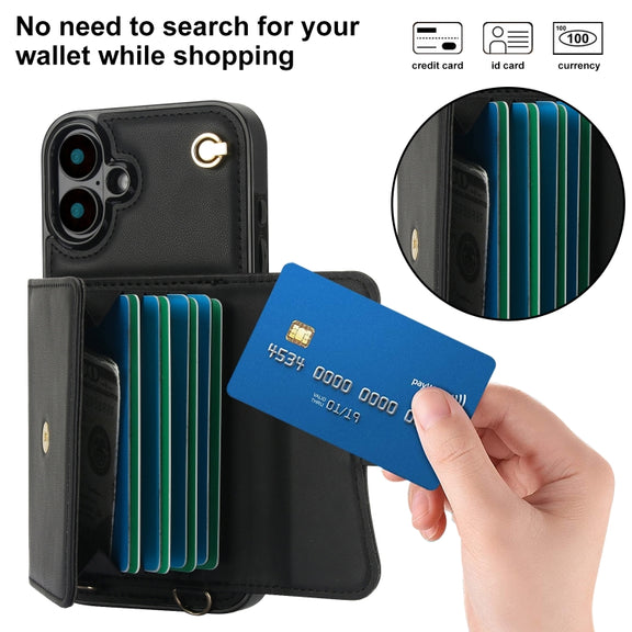 For iPhone 16 Plus RFID Card Slot Phone Case with Long Lanyard(Black)