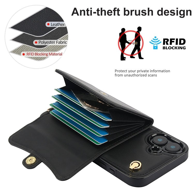 For iPhone 16 Plus RFID Card Slot Phone Case with Long Lanyard(Black)