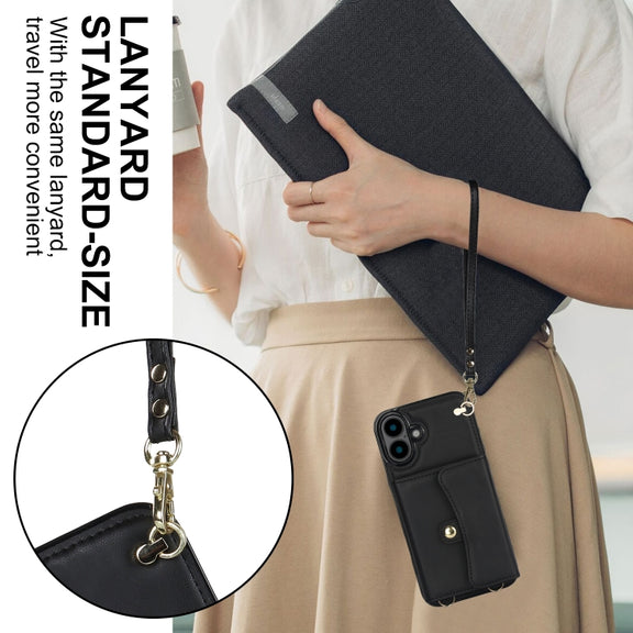 For iPhone 16 Plus RFID Card Slot Phone Case with Long Lanyard(Black)