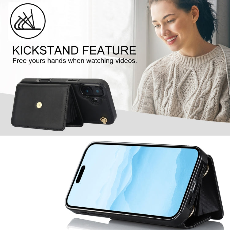 For iPhone 16 Plus RFID Card Slot Phone Case with Long Lanyard(Black)