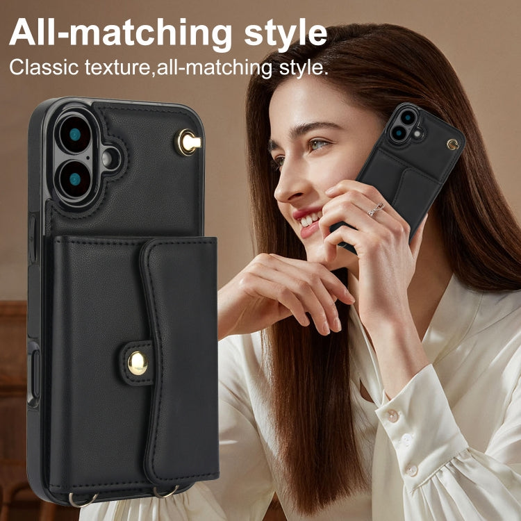 For iPhone 16 Plus RFID Card Slot Phone Case with Long Lanyard(Black)