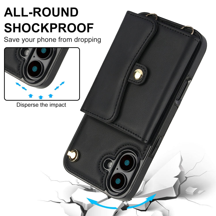 For iPhone 16 Plus RFID Card Slot Phone Case with Long Lanyard(Black)