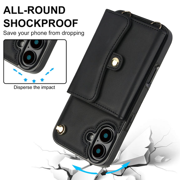 For iPhone 16 Plus RFID Card Slot Phone Case with Long Lanyard(Black)