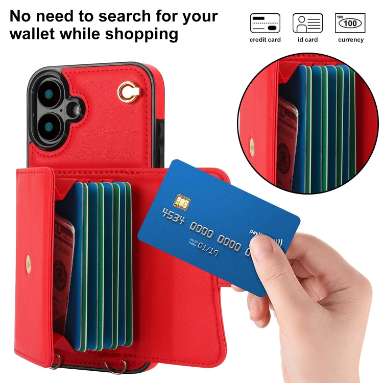 For iPhone 16 Plus RFID Card Slot Phone Case with Long Lanyard(Red)