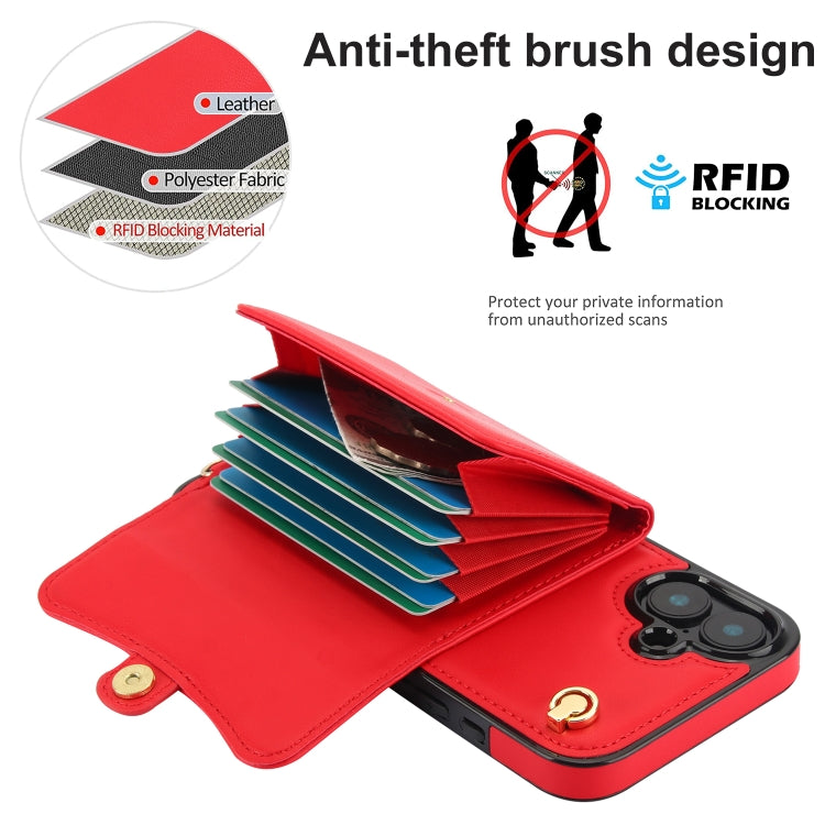 For iPhone 16 Plus RFID Card Slot Phone Case with Long Lanyard(Red)