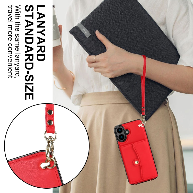For iPhone 16 Plus RFID Card Slot Phone Case with Long Lanyard(Red)