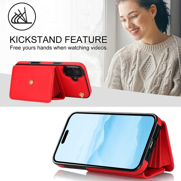 For iPhone 16 Plus RFID Card Slot Phone Case with Long Lanyard(Red)