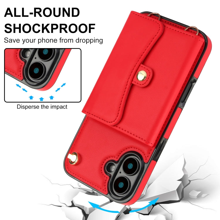 For iPhone 16 Plus RFID Card Slot Phone Case with Long Lanyard(Red)