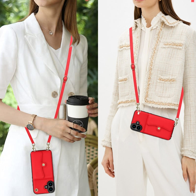 For iPhone 16 Plus RFID Card Slot Phone Case with Long Lanyard(Red)