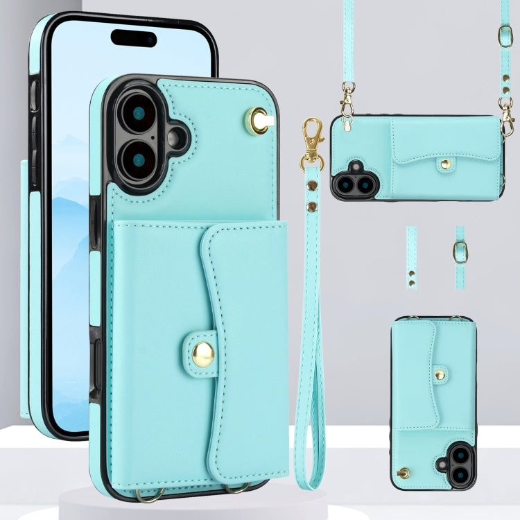 For iPhone 16 Plus RFID Card Slot Phone Case with Long Lanyard(Mint Green)