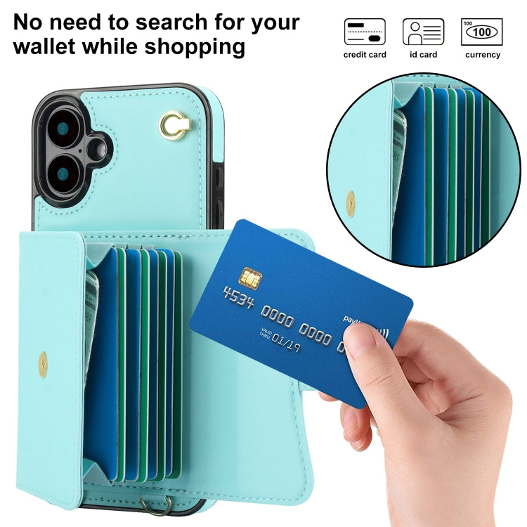 For iPhone 16 Plus RFID Card Slot Phone Case with Long Lanyard(Mint Green)