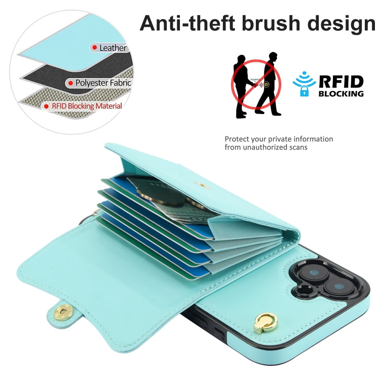 For iPhone 16 Plus RFID Card Slot Phone Case with Long Lanyard(Mint Green)
