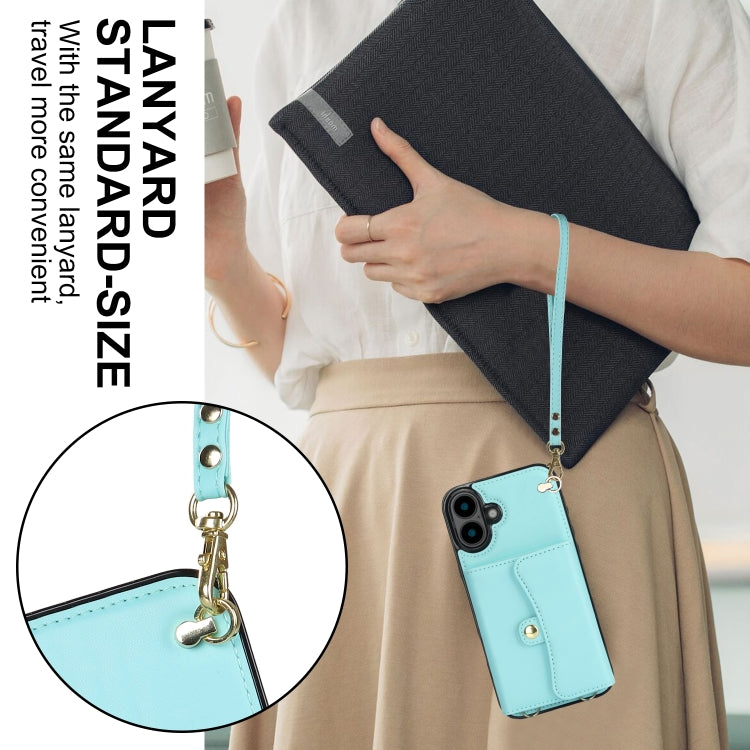 For iPhone 16 Plus RFID Card Slot Phone Case with Long Lanyard(Mint Green)