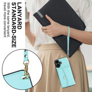 For iPhone 16 Plus RFID Card Slot Phone Case with Long Lanyard(Mint Green)