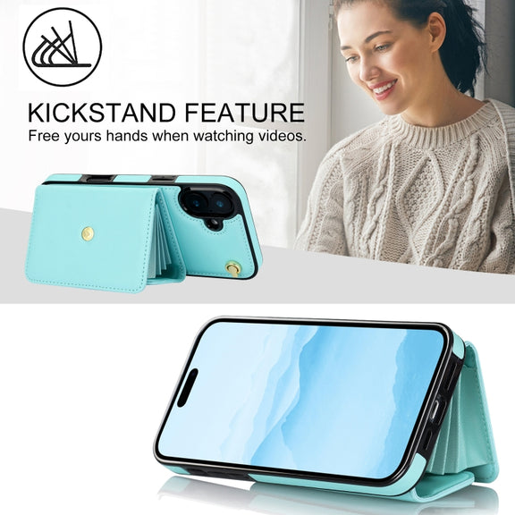 For iPhone 16 Plus RFID Card Slot Phone Case with Long Lanyard(Mint Green)