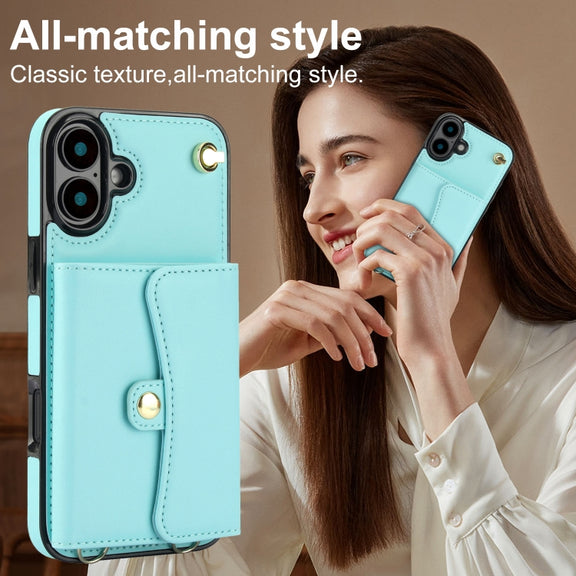 For iPhone 16 Plus RFID Card Slot Phone Case with Long Lanyard(Mint Green)