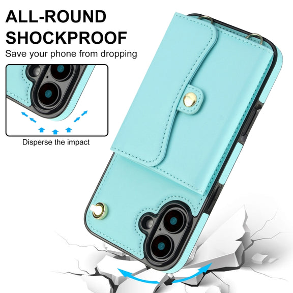 For iPhone 16 Plus RFID Card Slot Phone Case with Long Lanyard(Mint Green)