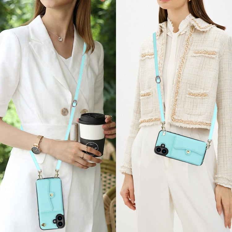 For iPhone 16 Plus RFID Card Slot Phone Case with Long Lanyard(Mint Green)