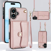 For iPhone 16 Plus RFID Card Slot Phone Case with Long Lanyard(Rose Gold)