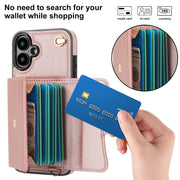 For iPhone 16 Plus RFID Card Slot Phone Case with Long Lanyard(Rose Gold)