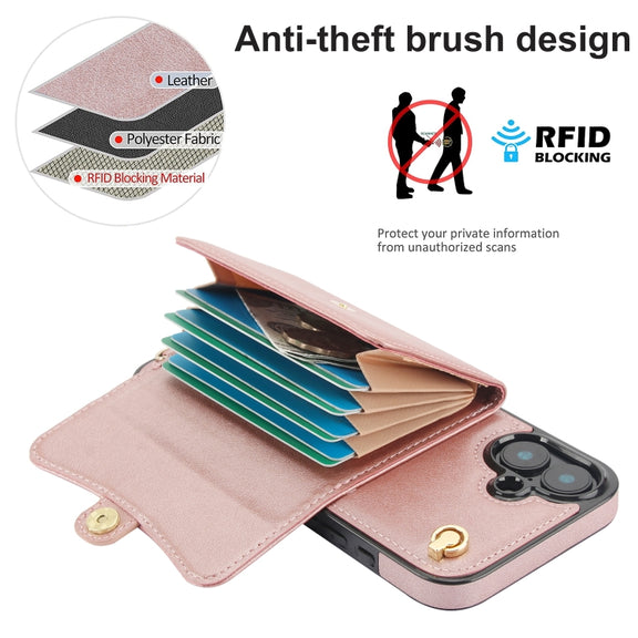 For iPhone 16 Plus RFID Card Slot Phone Case with Long Lanyard(Rose Gold)
