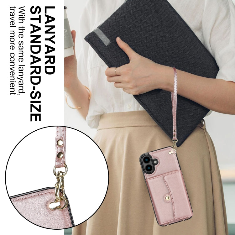 For iPhone 16 Plus RFID Card Slot Phone Case with Long Lanyard(Rose Gold)