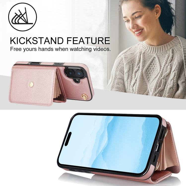 For iPhone 16 Plus RFID Card Slot Phone Case with Long Lanyard(Rose Gold)