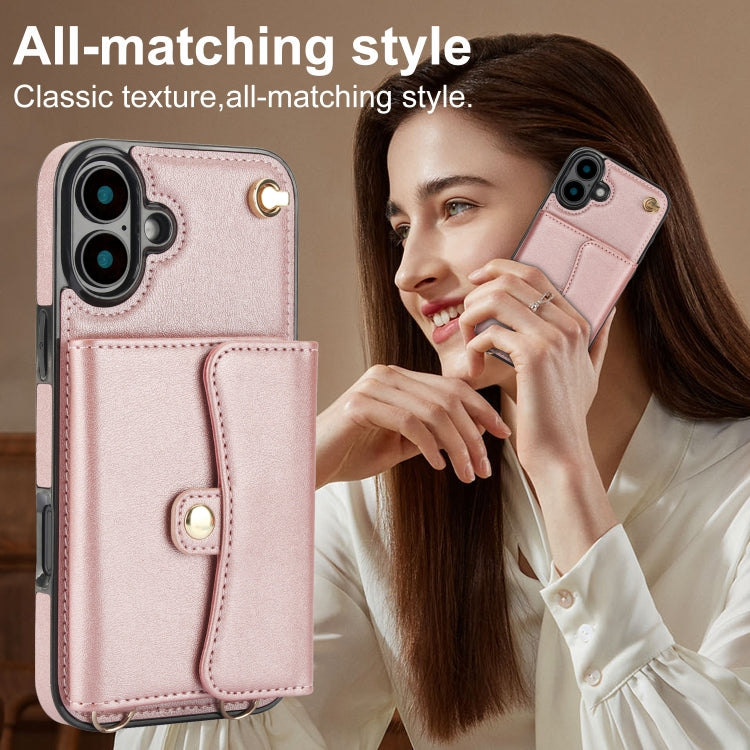 For iPhone 16 Plus RFID Card Slot Phone Case with Long Lanyard(Rose Gold)