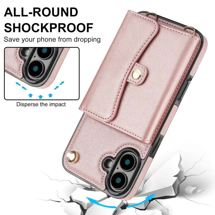 For iPhone 16 Plus RFID Card Slot Phone Case with Long Lanyard(Rose Gold)